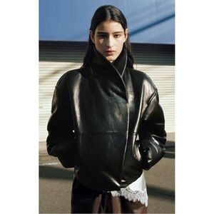 NWT Mango Viral Black Leather Bomber Jacket size Medium